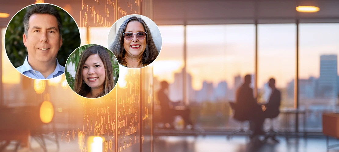 Composite headshots of Brian Mayer, Jacqueline Barrios, and Kathleen Kennedy overlaid on an image of a modern office building interior at sunset with skyscrapers visible through the window, people seated at tables on the right, and a reflective glass window on the left.