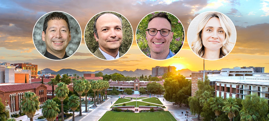 Composite headshots of 2025 CUES Distinguished Fellowship awardees: Jonathan Kevan, Robert Schon, Jonathan Tullis, and Yevheniia Varyvoda set against an aerial image of the University of Arizona mall at sunset.