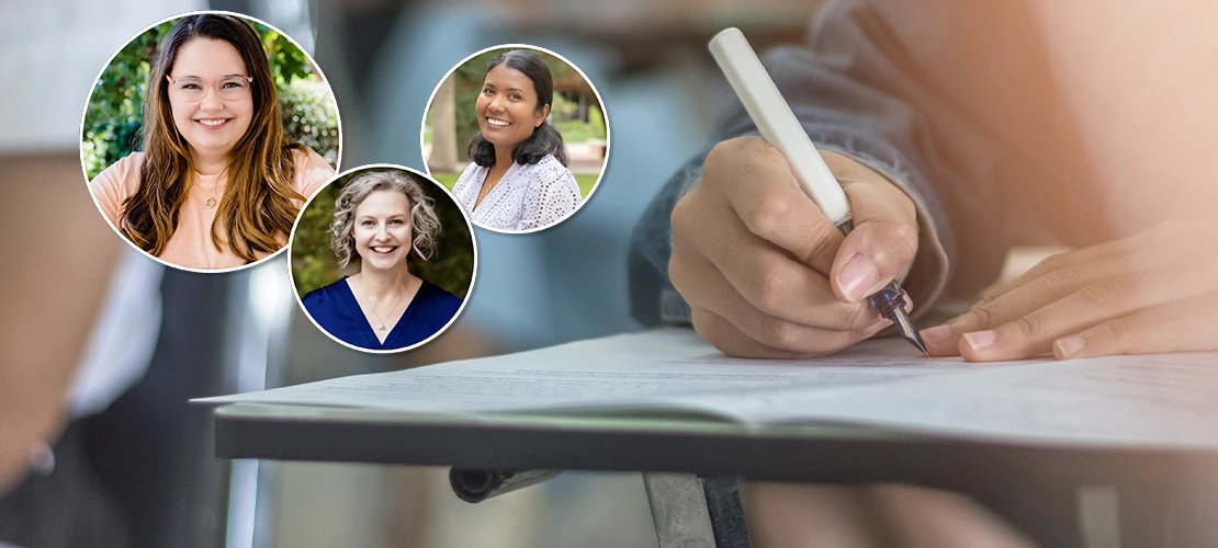 Headshots of Emily Jo Schwaller, Aimee Mapes, and Amritha Wickramage overlaid on an image of a student writing at a desk.