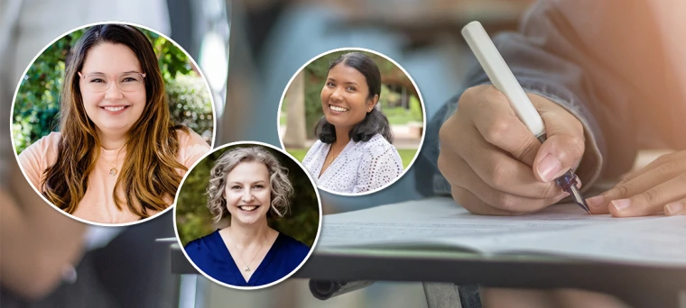 Headshots of Emily Jo Schwaller, Aimee Mapes, and Amritha Wickramage overlaid on an image of a student writing at a desk.